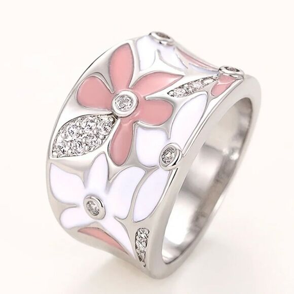 ROMANTIC PINK AND WHITE ENAMEL FLOWERS RING - Picture 3 of 5